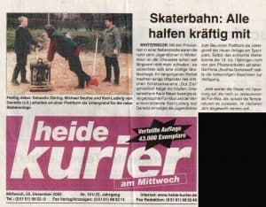 Heidekurier vom 22.12.2002: Skaterbahn Alle halfen kräftig mit. Die Veröffentlichung erfolgt mit freundlicher Erlaubnis vom 10.11.2016 durch AM-Verlag Andreas Müller KG, Soltau.